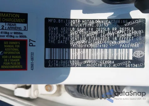 2013 Toyota Camry Hybrid/Le/Xle from USA, damaged, VIN 4T1BD1FK7DU074182